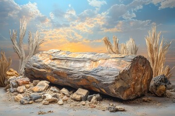 Fototapeta premium Petrified wood log rests in a desert landscape under a sunset sky.
