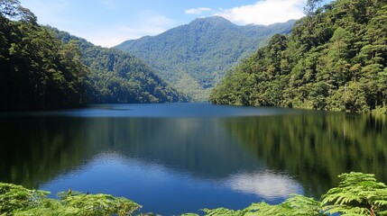 Serene mountain lake reflecting lush green hills under a clear sky