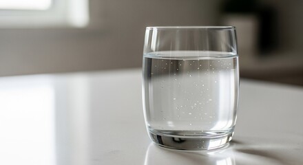 Refreshing Glass of Water with Bubbles on a White Tabletop, Minimalist Still Life