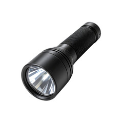 Sleek black tactical flashlight shining brightly, isolated on transparent background