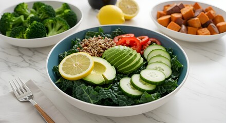 Photo Man sostiene en sus manos un taz&oacute;n de ensalada verde de la col rizada y el aguacate.