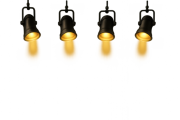 Four hanging spotlights illuminating transparent background