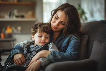 Caring Mother Comforting Her Young Son in Wheelchair, Embracing with Love and Tenderness