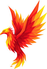 Geometric phoenix illustration with vibrant red, orange, and yellow plumage, wings spread in flight, against a white background.