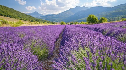 Fototapeta premium Lush lavender field stretches towards a mountain range.