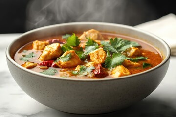 A steaming bowl of chicken curry, garnished with cilantro, showing chunks of chicken and red peppers in a rich, orange sauce.