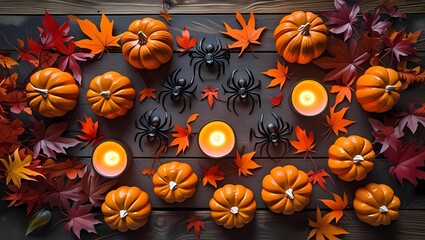 Close-up of carved pumpkin with glowing candle inside, placed on a doorstep surrounded by dry leaves, evoking a traditional Halloween vibe  
