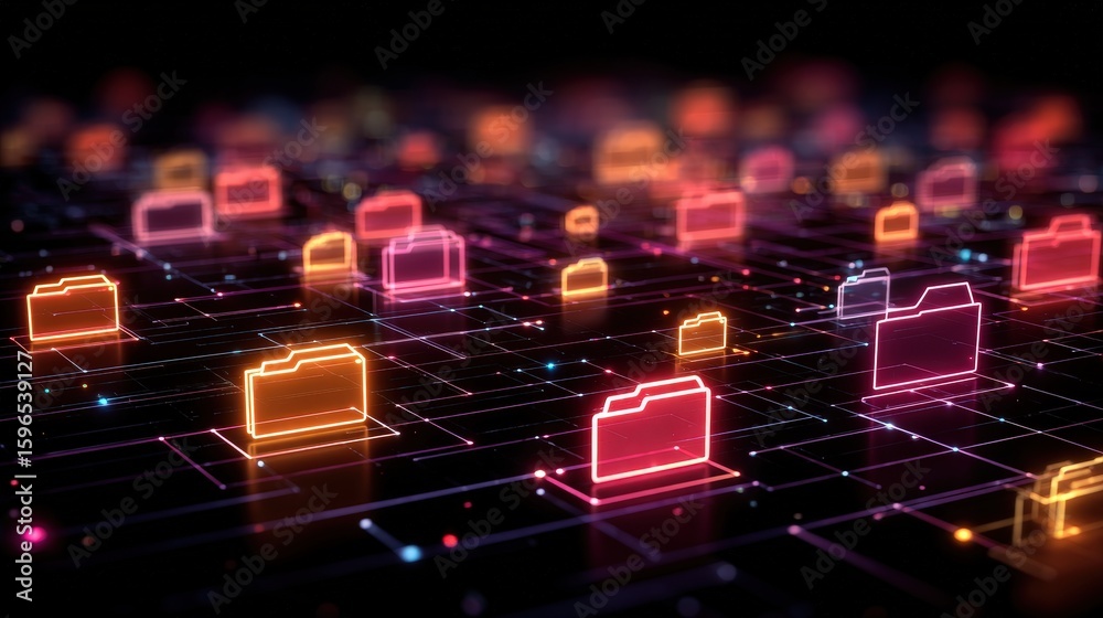 Poster abstract network grid with files and folders, futuristic software interface, digital document manage