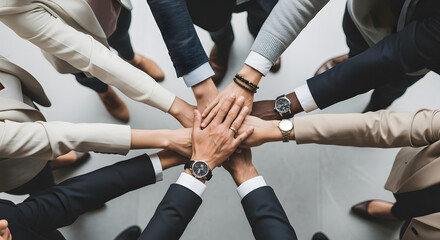 Unified Hands Diverse Team Collaborating for Success, Showing Interconnectedness and Solidarity in a Professional Environment.