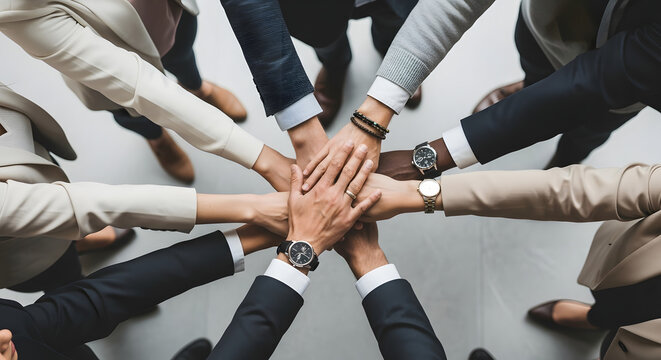 Unified Hands Diverse Team Collaborating for Success, Showing Interconnectedness and Solidarity in a Professional Environment.
