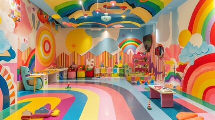 A vibrant playroom with walls painted in playful, bright colors, filled with colorful toys and art supplies, creating a joyful atmosphere.