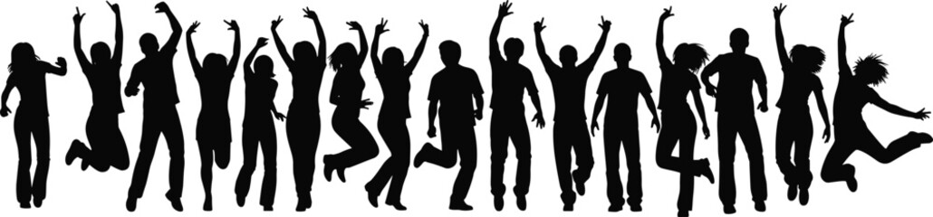 Silhouettes of diverse group jumping in joy, celebrating happiness, energetic unity, community excitement, black and white vector illustration, fun vibes