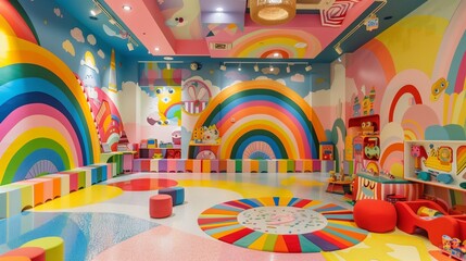 A vibrant playroom with walls painted in playful, bright colors, filled with colorful toys and art supplies, creating a joyful atmosphere.