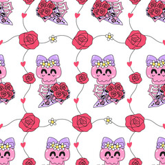 seamless pattern of pink Halloween skeletons adorned with coquette bows and delicate flowers. vector illustration.