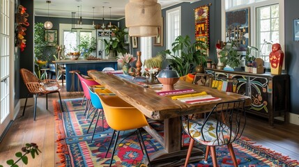 An eclectic dining room with a mix of colorful chairs around a wooden table, adorned with a vibrant table runner and eclectic centerpieces.