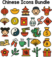 Set of Colorful chinese icons. Doodle style icon vector bundle.eps