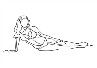 Lying Woman in Swimsuit, Single Line.  line icon-continuous line drawing. Editable stroke. 