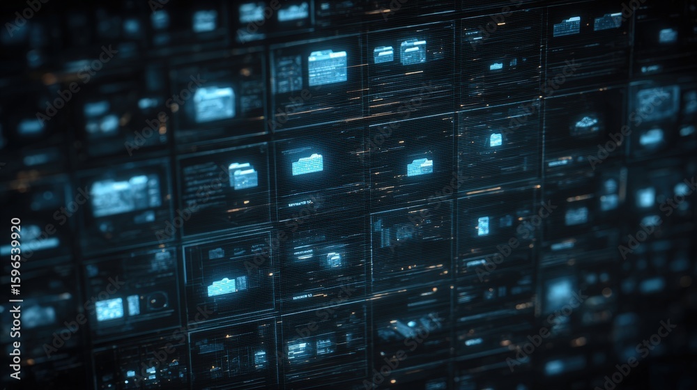 Poster abstract network grid with files and folders, futuristic software interface, digital document manage