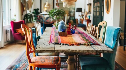 An eclectic dining room with a mix of colorful chairs around a wooden table, adorned with a vibrant table runner and eclectic centerpieces.