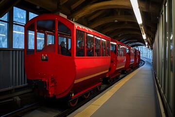 Bright Red Train Carriages With Passengers Waiting at Elevated Station Platform Beneath Arched Ceiling