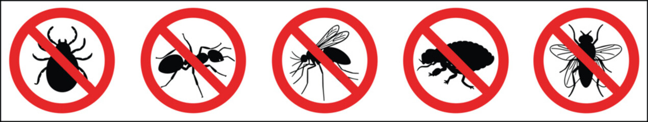 Silhouettes of insects in red prohibition signs, pest control vector design, bug prevention concept, insect repellent, isolated graphic icons