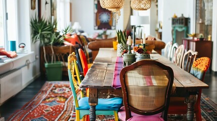 An eclectic dining room with a mix of colorful chairs around a wooden table, adorned with a vibrant table runner and eclectic centerpieces.