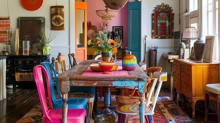 An eclectic dining room with a mix of colorful chairs around a wooden table, adorned with a vibrant table runner and eclectic centerpieces.