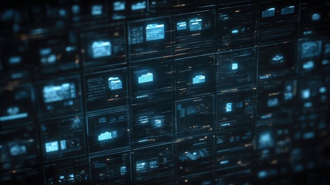 Abstract network grid with files and folders, futuristic software interface, digital document management system, store, search and organize documents, corporate business, paperless office