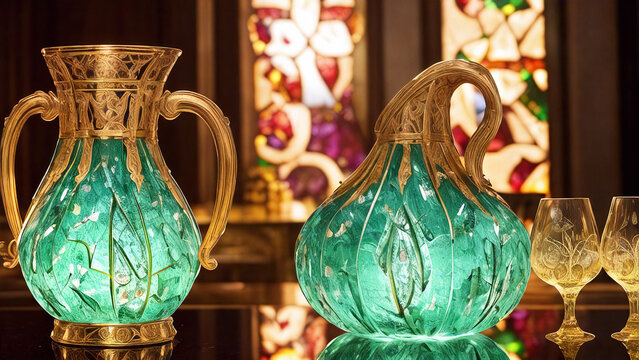 Golden dinner set in Eastern style, with intricate ornamentation and precious gemstones