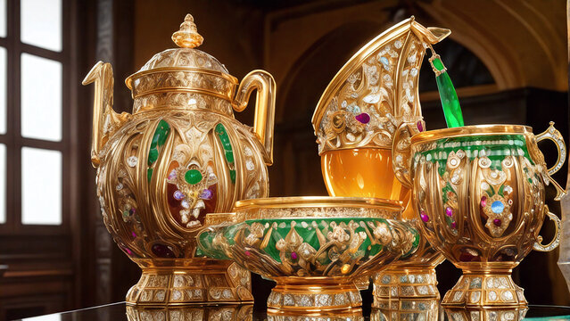 Golden dinner set in Eastern style, with intricate ornamentation and precious gemstones