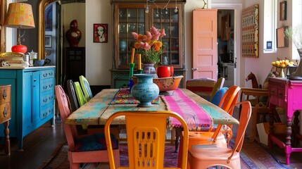 An eclectic dining room with a mix of colorful chairs around a wooden table, adorned with a vibrant table runner and eclectic centerpieces.