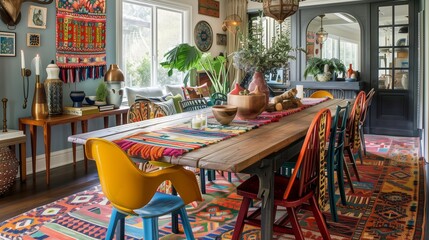 An eclectic dining room with a mix of colorful chairs around a wooden table, adorned with a vibrant table runner and eclectic centerpieces.