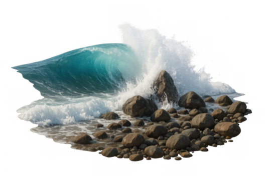 Powerful ocean wave crashing on a rocky shore with a transparent background, perfect for compositing and digital art projects - Powered by Adobe