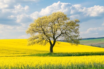 Blooming Tree Standing in a Vibrant Yellow Canola Field Under a Cloudy Sky