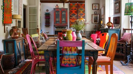 An eclectic dining room with a mix of colorful chairs around a wooden table, adorned with a vibrant table runner and eclectic centerpieces.