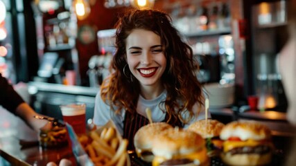 A woman holding a tray of hamburgers at a bar, perfect for restaurants or cafes