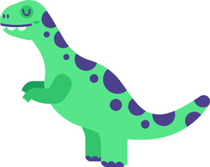 Obraz premium Green dinosaur with vibrant purple spots standing and smiling widely, displaying its teeth in a charming and playful cartoon illustration that captures the joy of childhood