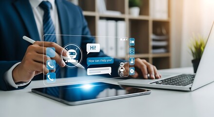 Businessman interacting with holographic user profiles