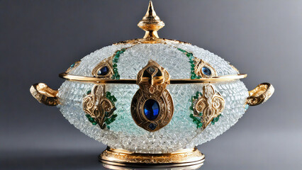An opulent soup tureen framed in gold, decorated with deep blue sapphires