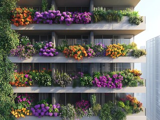 Balconies Adorned with Vivid Flowers and Lush Greenery in Modern Urban Setting