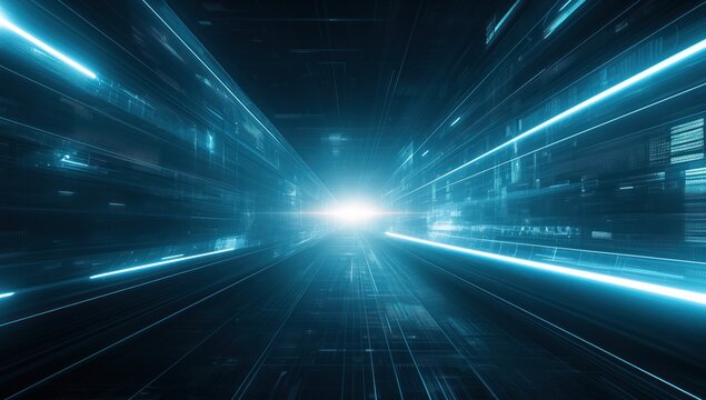 Blue Neon Light Digital Tunnel with Futuristic Glow and Grid Pattern