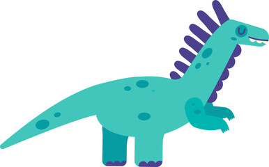 Cartoon illustration featuring a turquoise spinosaurus dinosaur walking on two legs, smiling broadly while displaying its teeth, set against a clean white background