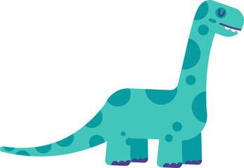 Cartoon illustration featuring a friendly brontosaurus with turquoise skin and purple spots, walking and smiling, ideal for children's books and educational projects © WinWin