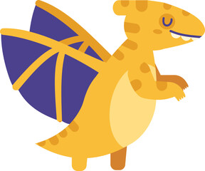 Cartoon illustration of a smiling pterodactyl dinosaur flapping its purple and yellow wings, showing teeth and claws, isolated on white background