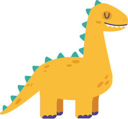 Cartoon brontosaurus with yellow body, long neck and tail, and turquoise spikes, smiling and showing its teeth, standing on white background