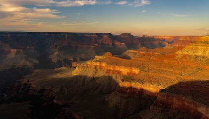 Aerial view of the Grand Canyon at sunset expansive and dramatic composition showcasing deep, winding gorges and layered rock formations bathed in warm golden, orange, and pink hues