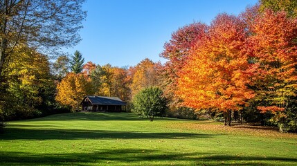 Rustic cabin nestled in a vibrant autumnal landscape, showcasing a picturesque scene of colorful foliage and a sunlit green lawn