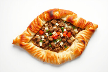 Top down view of a freshly baked Turkish pide on a clean white background