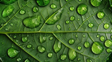 A close-up view of a rain-soaked leaf, with each droplet magnifying the intricate veins and textures of the leaf surface.