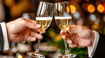 Two hands clinking champagne glasses in celebration at a festive gathering with blurred lights